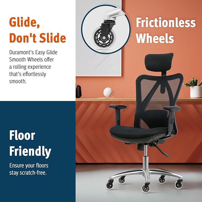 Ergonomic Office Chair - Adjustable Desk Chair with Lumbar Support and Rollerblade Wheels - High Back Chairs with Breathable Mesh - Thick Seat Cushion, Head, and Arm Rests - Reclines (Black)