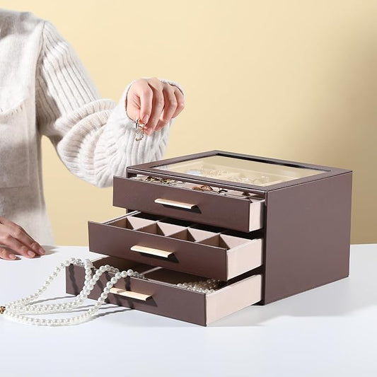 Frebeauty Clear Lid Jewelry Box,3-Layer Jewelry Organizer with Drawer,PU Leather Jewelry Organizers and Storage,Jewelry Boxes for Women,Jewelry Storage for Rings Earring Stud,Gift for Women(Brown)