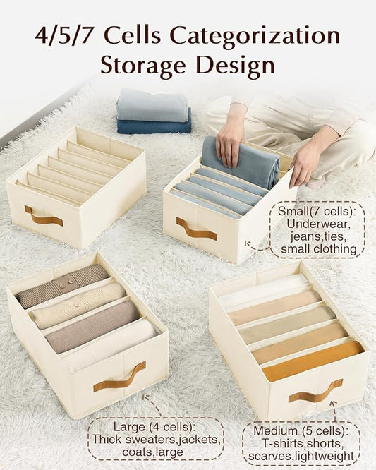 Homsorout Clothes Organizers and Storage - 4/5/7 Grids Fabric Jeans Organizer with Handles, Foldable Closet Organizers Dividers, Wardrobe organizer for Pant, Sweater, T-shirt, Scarf, 6 Pack, Beige