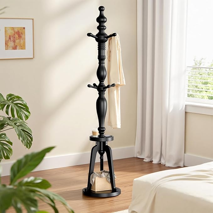 Coat Rack with 8 Hooks, Hall Tree Freestanding with Shelf, Wood Coat Tree Heavy Duty with Round Base, Standing Coat Rack, Load Capacity 220 lb, Coat Hanger Stand for Entryway Hallway Office, Black