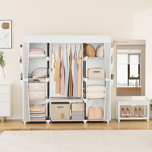 VTRIN Portable Closet Wardrobe for Hanging Clothes 57.3 Inch Large Capacity Clothes Rack with Cover, 10 Storage Organizer Shelves, 1 Hanging Rods and 6 Pockets, Free Standing Closet, White