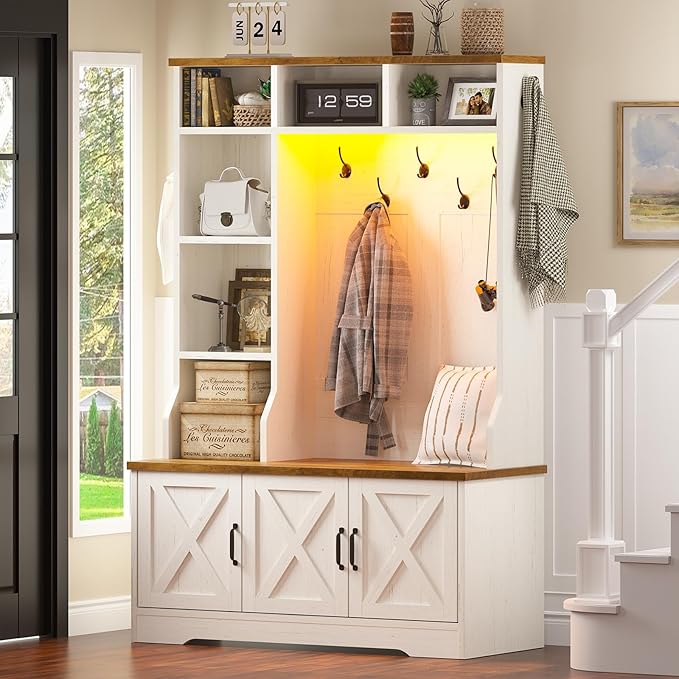 Hall Tree with Bench and Shoe Storage, Farmhouse Entryway Bench with Coat Racks and Led Lights, Tall Hall Tree with 7 Coat Hooks, 6 Storage Cubbies, Adjustable Shelf