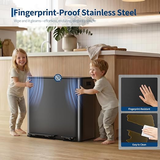 Dual Kitchen Trash Can 13.2 + 5.2 Gal (50+20L) Stainless Steel Trash Cans with Soft Close Lid Large Double Garbage and Recycling Bin with 2 Removable Inner Buckets Step-on Metal Garbage Cans Black