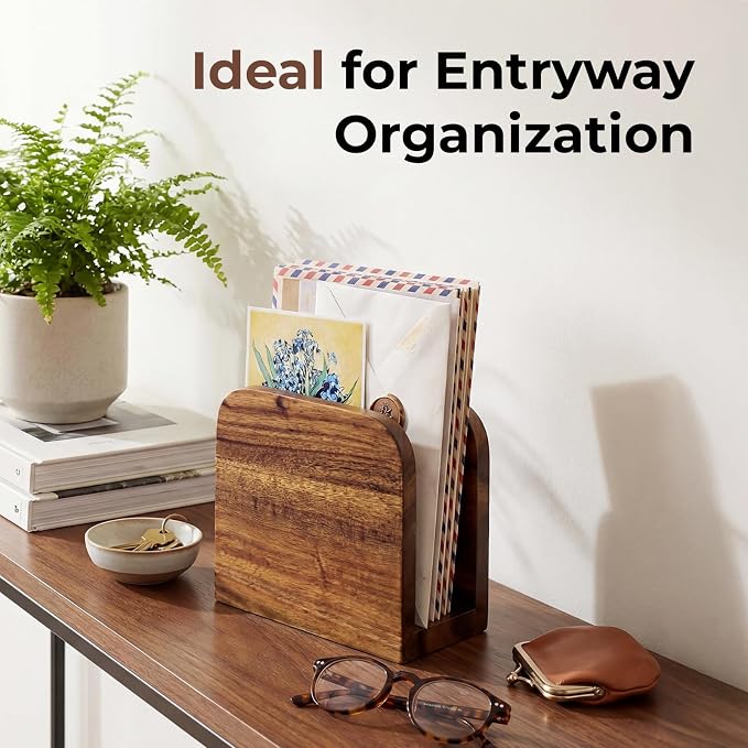 Acacia Wood Mail Organizer Countertop -Small Letter Holder for Desk, Rustic Farmhouse Decor, Upright Bill postcards, and notepads Stand for Entryway & Office,Also Works as Napkin Holder
