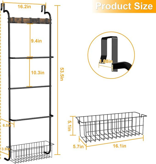 Over The Door Towel Rack,5-Tier Over Door Towel Racks for Bathroom,Towel Rack with Hooks and Basket Door Hanging,Blanket Ladder for Living Room Black