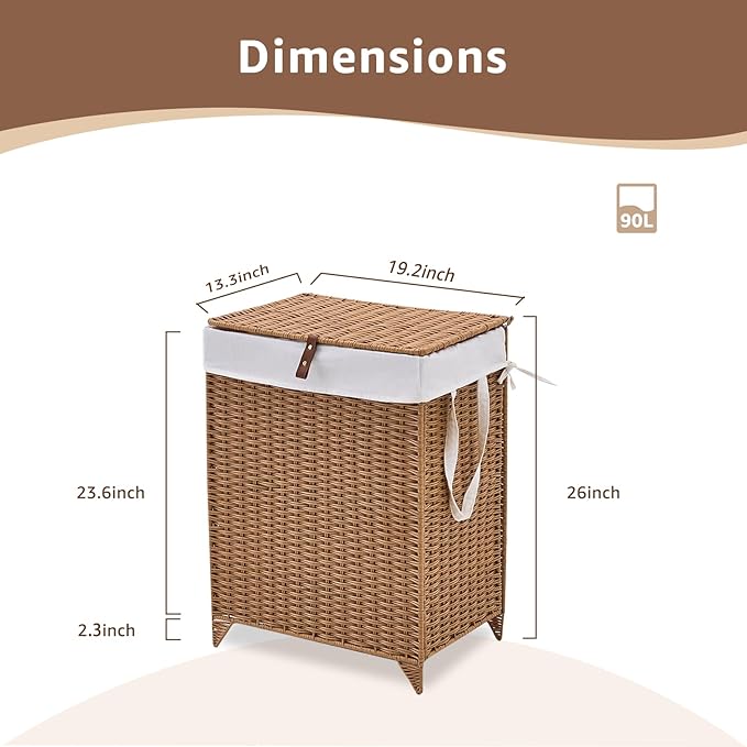 Laundry Hamper with Lid and Removable Liner Bag, Handwoven Rattan Clothes Hamper with Heightened Feet, Wicker Laundry Basket for Clothes and Towels,Middle