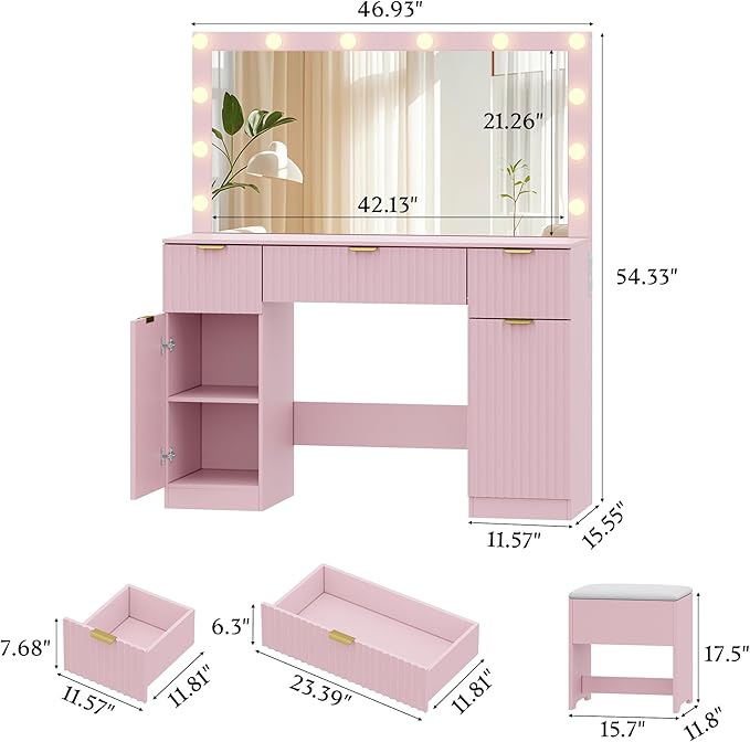 47" Fluted Makeup Vanity Desk with Large 42" Mirror and Lights, Vanity Table with 3 Drawers & 2 Storage Cabinet, Dressing Table Charging Station & Chair for Living Room, Bedroom, Pink