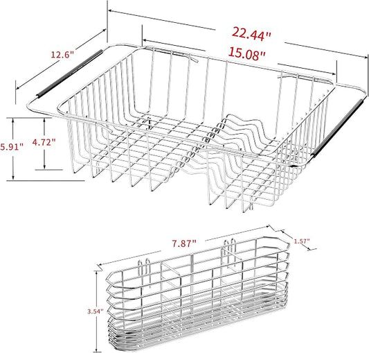 JAQ Over Sink Dish Drying Rack for Medium to Large Sink, Expandable 15.08"–22.4", Adjustable 304 Stainless Steel Dish Drainer with Utensil Holder, Large Capacity Holds Up to 13 Plates