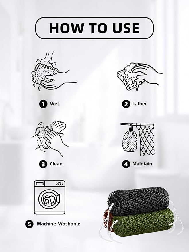 Cleangor 3Pcs African Net Sponge Authentic with Knots - Exfoliating Body | Scrubber for All Skin Types, African Bath Sponge, Wash Cloth, Gentle Exfoliation Shower Rag for Women Daily Use