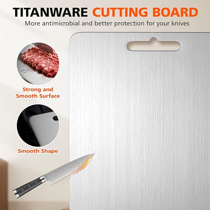 100% Pure Titanium Cutting Boards for Kitchen, Cutting Board Double Sided Food Grade Chopping Boards, Smooth Edge No Hurt, Space Saving Dishwasher Safe, Ideal for Daily Cooking, Cake & Picnic Set of 3