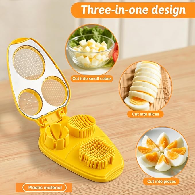 Egg Slicer for Hard Boiled Eggs 3 In 1, 3 Slicing Modes Eggs Dicer, Stainless Steel Egg Cutter, Kitchen Chopper Tool for Egg, Butter, Strawberry, Tomato, Mushroom, and Grape, Dishwasher Safe (yellow)