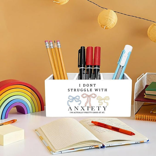 Coquette Bow Mental Health Pen Holder for Desk Accessories, Anti Anxiety Gifts Wooden Box Sign Desk Pencil Holder Organizer for Home Office Decoration, Anxiety Relief Gifts
