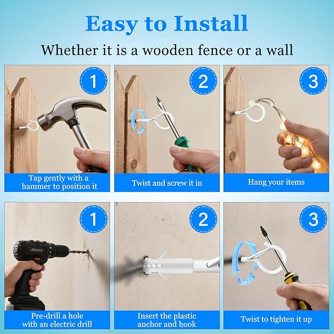 24 Pack White Screw Hooks with Safety Buckle - 2.3 Inch Rustproof Eye Ceiling Hooks for Hanging Plants,Outdoor String Lights,Baskets,Christmas Lights & Decor,40lb Capacity (24, White)