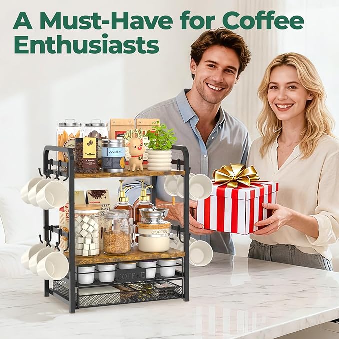 EsLuker.ly Coffee Bar Organizer Station Shelf Mug Holder for Countertop, 4 Tier Mug Holder Stand with 12 Hooks, K Cup Pod Drawer