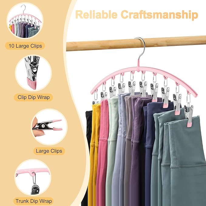 Legging Organizer for Closet, Metal Yoga Pants Hangers 4 Pack w/10 Clips Holds 40 Leggings, Space Saving Hanging Closet Organizer w/Rubber Coated Closet Organizers and Storage, Pink