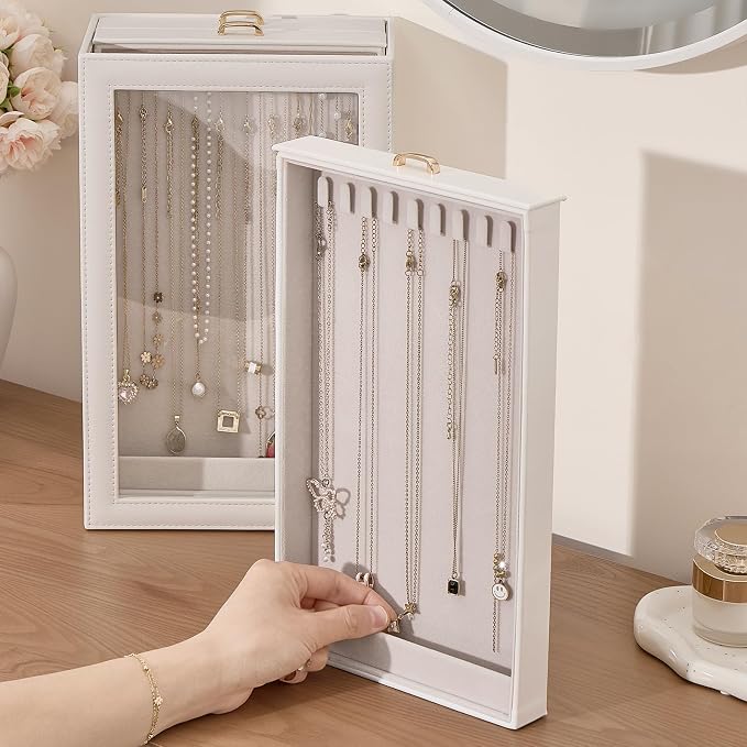 Lolalet Necklace Organizer Box, Jewelry Storage Box with Clear Window for Necklaces Bracelets, Tangle-Free Necklace Display Case for Women Girls, White, 3 Layers 30 Hooks