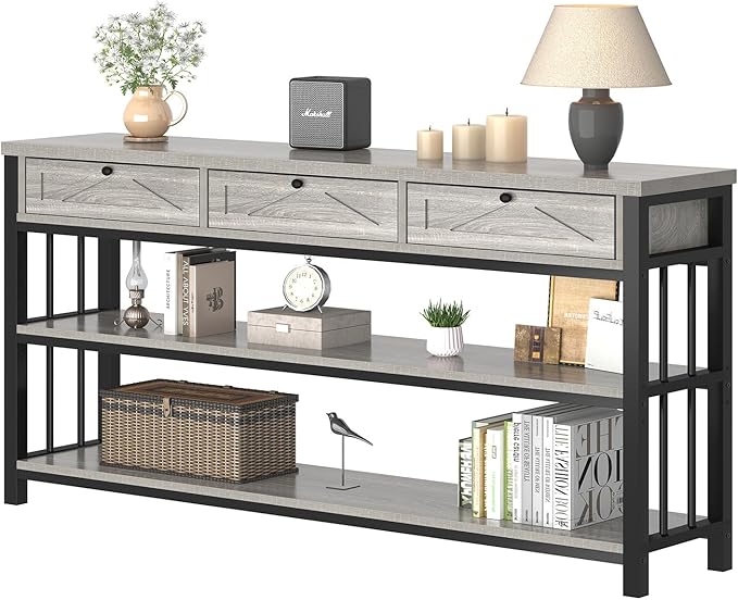 HSH Sofa Table with 3 Drawers, 55" Entryway Table with Storage Shelf, Console Table with Drawers Behind Couch for Living Room, Farmhouse Wood Metal Front Door Table for Entry Hallway, Light Grey Oak
