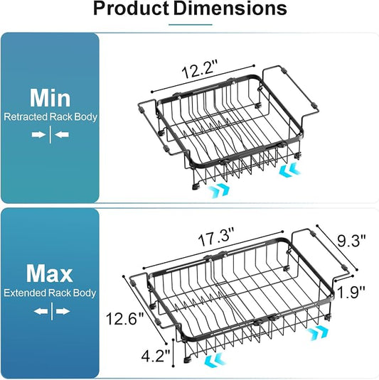 iSPECLE Dish Drying Rack Over the Sink, Expandable Dish Drainer for Small Kitchen, Apartment, RV, Dish Strainer with Utensil Holder and Twist-Lock, Space Saving, Black