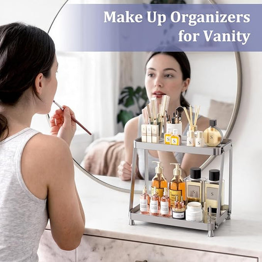 Bathroom Counter Organizer - 2-Tier Acrylic Makeup Organizer Countertop with Marble Tray, Perfume Organizer & Vanity Organizer, Bathroom Organizers and Storage for Skincare, Toiletries, Silver
