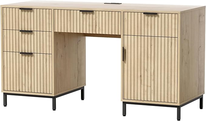 55" Large Fluted Executive Desk with File Drawer, Computer Desk with Storage and Charging Station, Modern Wooden Home Office Desk for Workspace, Writing, Study, Light Oak