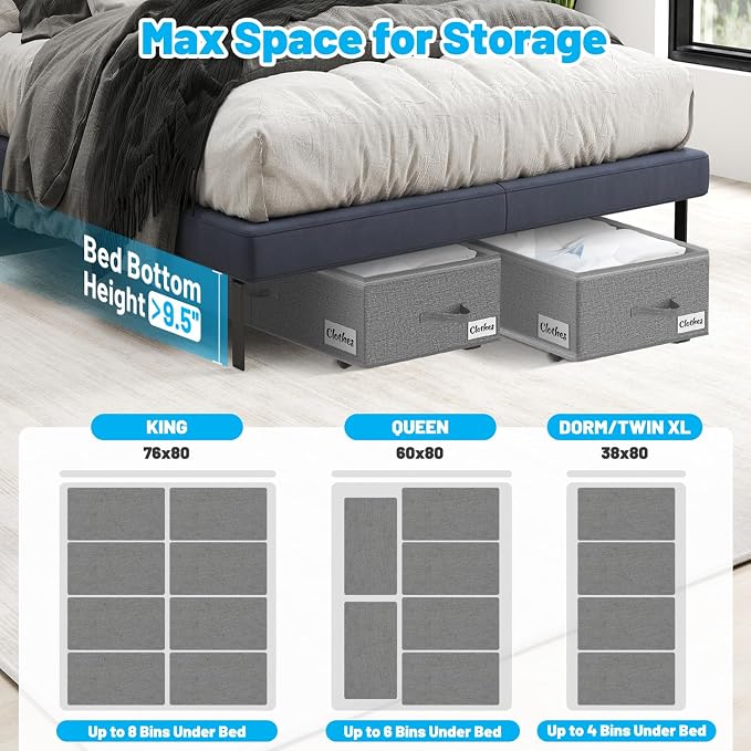 Under Bed Storage with Wheels, 3-Pack 10" Height XXL 75L Rolling Storage Bins, Quick Assembly Underbed Shoe Storage Containers with Clear Lid & Label, Dorm Under Bed Drawers for Clothes, Shoes, Grey