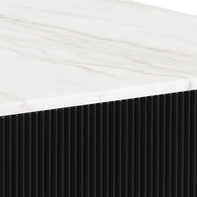 Furniture of America Beryl Modern Rectangle White Genuine Marble Top Coffee Table with Fluted Pedestal Base and Gold Stainless Steel Accent, Low Profile Table for Living Room, Home Office, Black