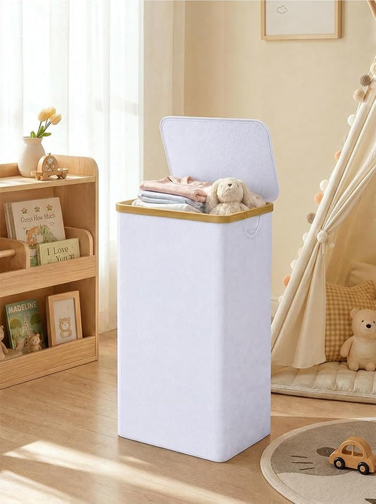 iEGrow 110L Laundry Hamper with Lid,Dirty Clothes Hampers for Laundry,Laundry Basket with Bamboo Handles and Removable Bag,Hamper for Bedroom, Bathroom, Dorm, Laundry Room, White