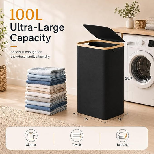 Foluck 100L Laundry Hamper with Lid Removable Bag and Bamboo Handles | Waterproof Self-locking Inner Bag, 3 Different Handles, 600D Cationic Cloth, for Dorm Bedroom Bathroom