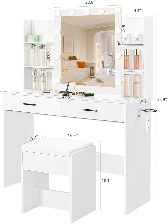 KAMABOKO Vanity Desk with Mirror, LED Lights and Power Outlet, Makeup Vanity Table with Glass Display Cabinet and 4 Drawers, Dressing Table with Stools for Bedroom (010 White)