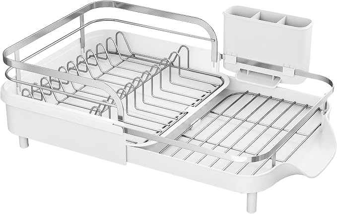 SAYZH Dish Drying Rack - Expandable Dish Rack for Kitchen Counter, Rust-Resistant Dish Drainer with Utensil Holder and Raised Guardrail, Kitchen Organizer for Cup and Bottle (White)