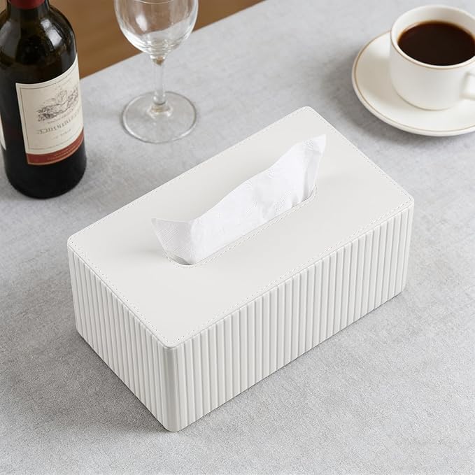 MEIBOOCH PU Leather Tissue Box Cover for 120(3-Ply)/ 160(2-Ply) Count Box of Tissues, Rectangle Tissue Box Holder for Bathroom Bedroom Living Room Office (Ivory Stripe)