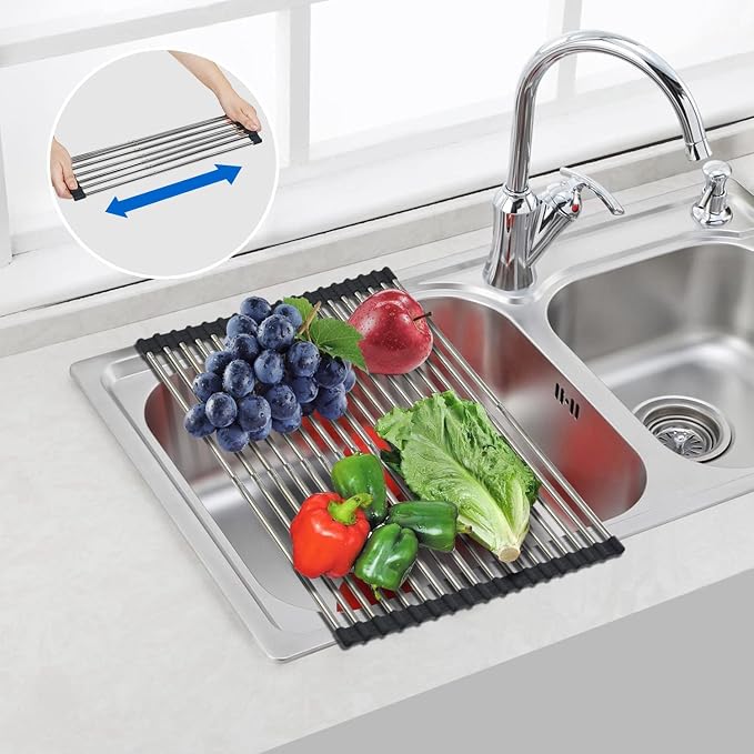 Large Telescopic Drain Rack Roll Up Rack Heat-Resistant Dish Drainer Kitchen Sink Rack Over the Sink Dish Drying Rack Stainless Steel Dish Rack (18 Tube 21.25''x12.79'')