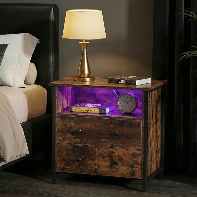 27 Inch Wide Night Stand, Large Wood Night Stand with 2 Drawers, LED Nightstand with Charging Station and Adjustable Drawer, Bedside Table for Living Room/Bedroom/Study/Office, Retro.