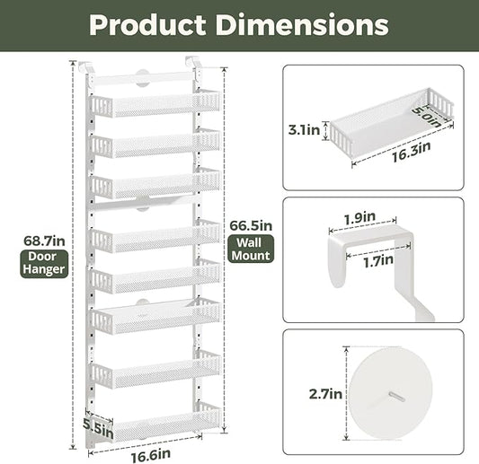 POKIPO 8-Tier Over the Door Pantry Organizer, 2 IN 1 Wall Mount or Hanging Spice Rack with Adjustable Raised Basket, Heavy Duty Back of Door Storage for Kitchen Bathroom Laundry Room