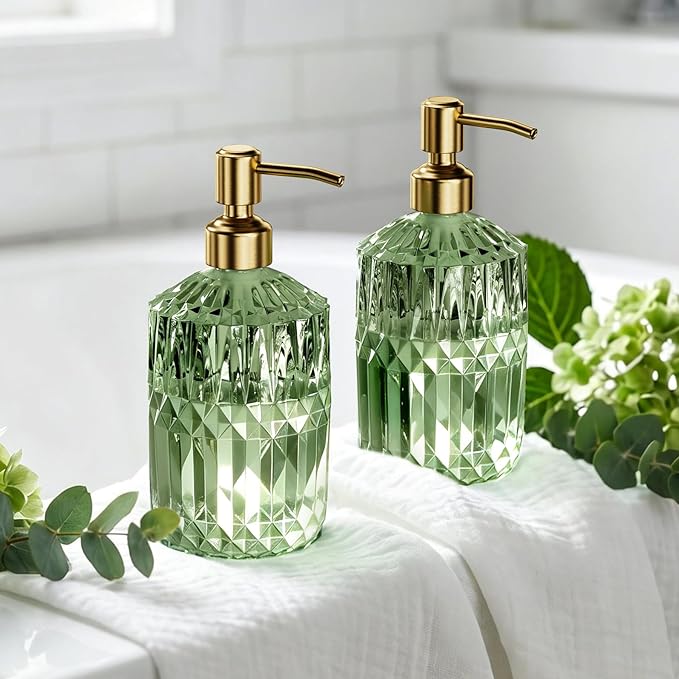 AmazerBath Soap Dispenser, 2 Pack Green Glass Soap Dispenser with Pump Stainless Steel, 14.2OZ Luxury Gold Hand Soap Bottles Bathroom Kitchen