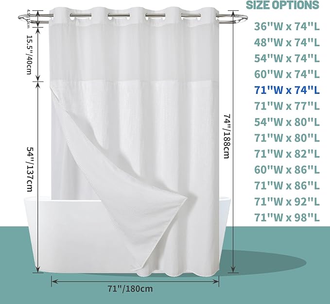 White No Hook Waffle Weave Shower Curtain with snap-in Liner Replacement, 230GSM Waterproof Fabric Hotel Shower Curtain Set for Bathroom, Through Mesh Top Window,71Wx74H