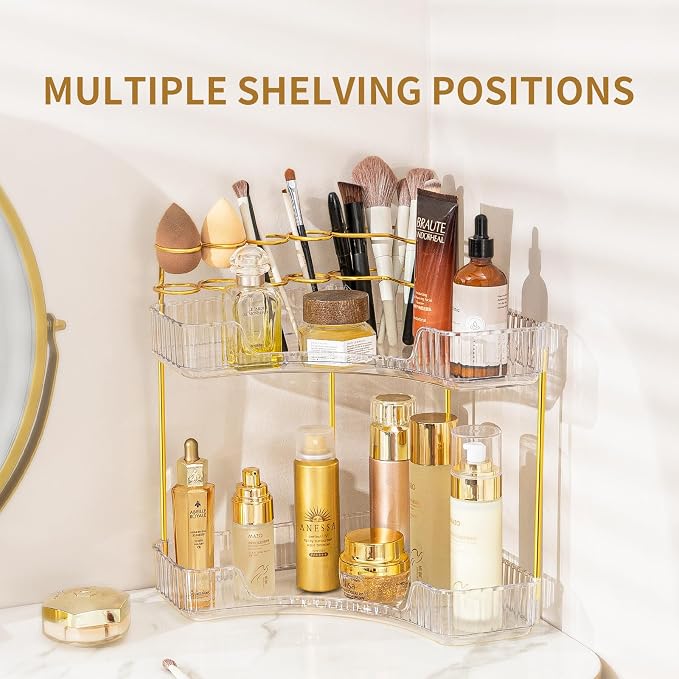 NATURE'S SOURCE Makeup Organizer for Vanity, 2-Tier Corner Bathroom Organizer Countertop with Makeup Brush Holder, Corner Counter Storage for Bathroom Dresser-Clear