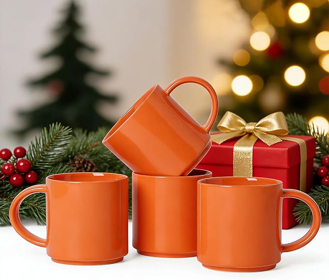 Coffee Mugs Set of 4, Stoneware Coffee Cups with Comfortable Handle, 16oz Ceramic Mugs for Kitchen & Office, Dishwasher & Microwave Safe - Orange