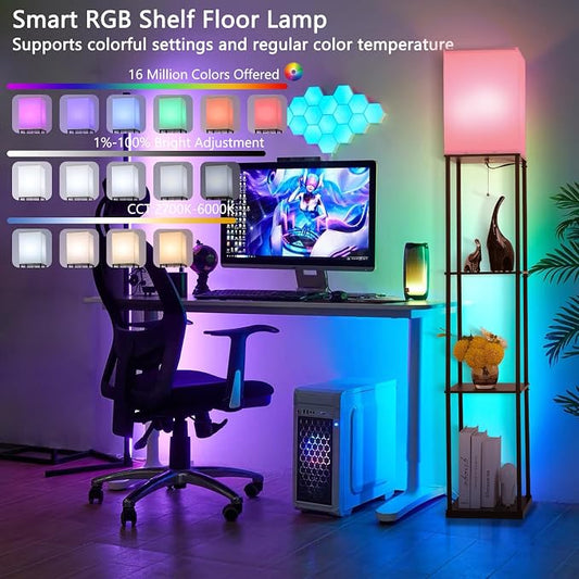Gupuzm Floor Lamp with Shelves, with Modern Square Standing Lamp with Smart APP Control RGB Bulb, Corner Display Bookshelf Lamp for Living Room, Bedroom and Office(brown-9RGB)