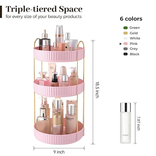 Aveniee 360 Rotating Makeup Organizer for Vanity, Skincare Perfume Organizers Large, Spinning Bathroom Counter Shelf Holder for Cosmetics, Skin Care, Lipsticks,3 Tiers, Pink