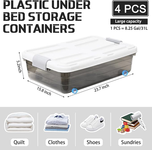 Beeveer 4 Pcs Plastic Under Bed Storage Containers with Lid Wheel Handle, Transparent Large Capacity Stackable Latching Storage Bins for Closet Bedroom Clothes Shoes (Brown,23.7 x 15.8 x 5.2)
