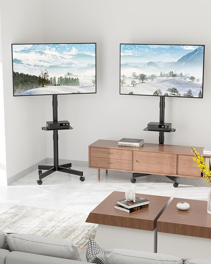 BONTEC Rolling TV Stand with Tilt, Mobile TV Stand Wheels for 23–65 Inch LED LCD TVs, Portable TV Cart with Adjustable Shelf for Living Room, Bedroom, Outdoor TV Stand Holds 88 lbs, Max VESA 400x400mm
