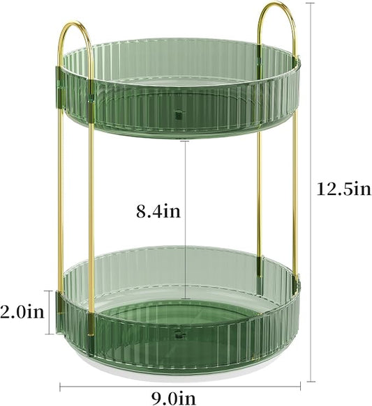 Rotating Makeup Organizer Countertop,Skincare Organizers,Spinning Perfume Tray Stand,Makeup Storage Organizer for Vanity,Bathroom Organizer and Storage,Lazy Susan,2 Tier,Green