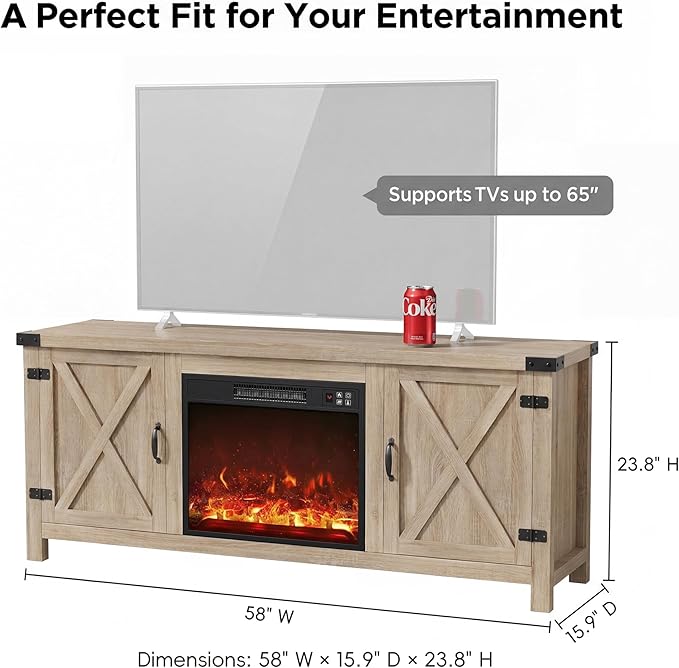 YESHOMY Fireplace TV Stand with Two Barn Doors and Storage Cabinets for Televisions up to 65+ Inch, Entertainment Center Console Table, Media Furniture for Living Room, 58 Inch, Yellow Oak