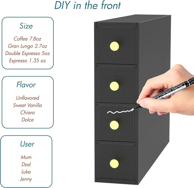 Suli Coffee Pod Holder, 52 Pods Large Capacity, 4-Tier Coffee Pod Organizer for Countertop, Dual Orientation, Space Saving Coffee Capsule Storage Drawer, Black