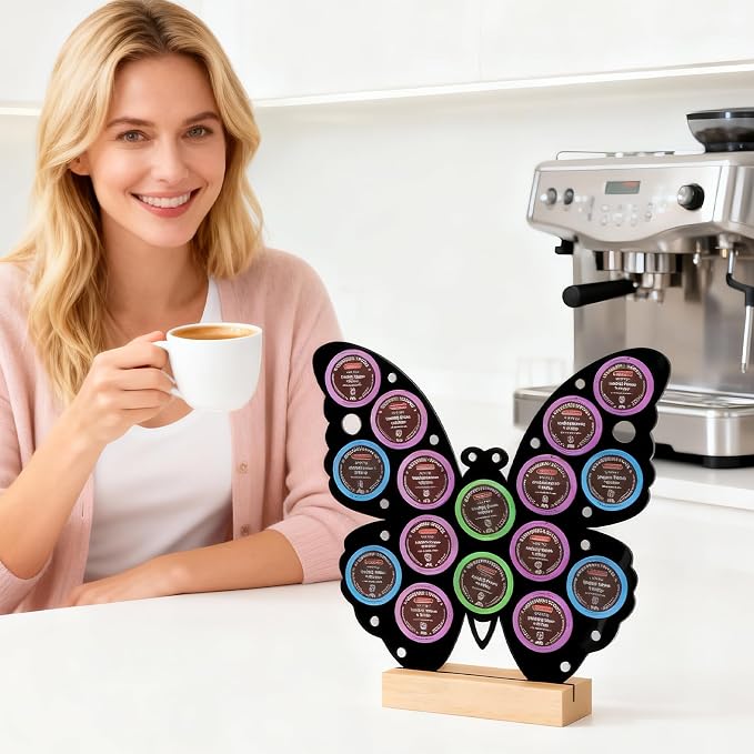 Butterfly Shaped K Cup Holder, Coffee Pod Storage Organizer for 16 Capsules, Classic Black Coffee Bar Accessories, Compatible with Most K-Cups, Suitable for Home Kitchen & Office Countertop