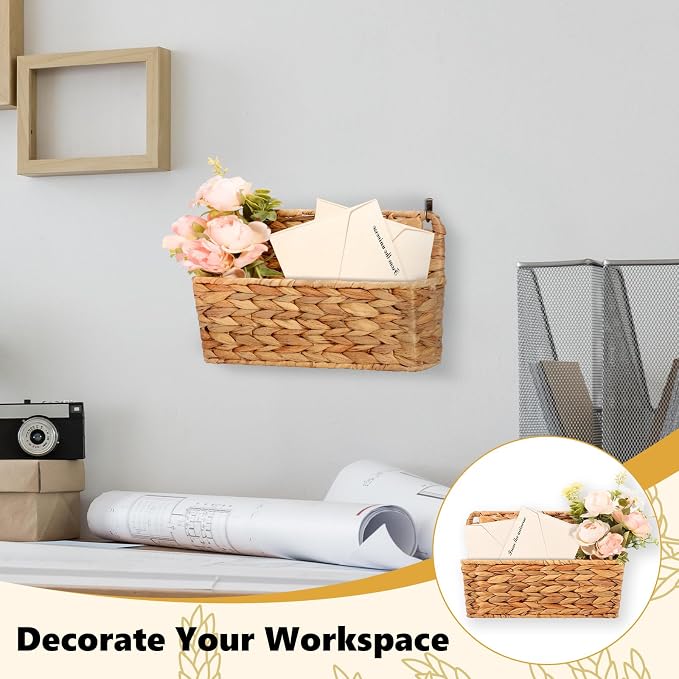 2 Pcs Woven Mail Holder Wall Mount Basket 9.25x1.57 Inch Rattan Wall Letter Holder Wicker Wall Basket Storage Water Hyacinth Hanging Storage Basket with Hooks Magazine Basket for Mail Envelope Office