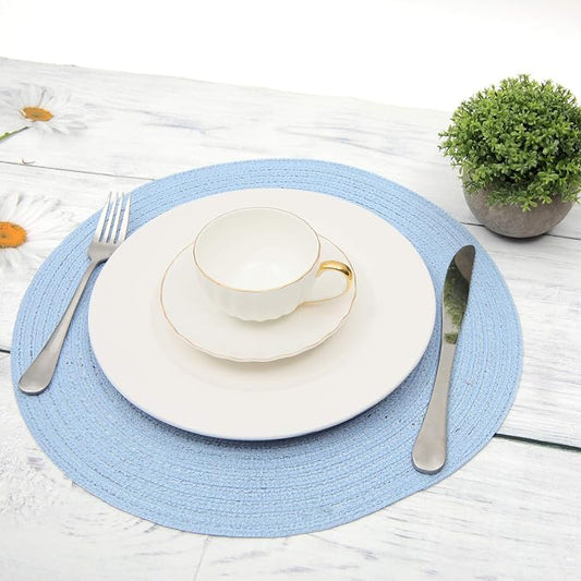 SHACOS Round Braided Placemats Set of 8 Washable 15 inch Round Non Slip Table Place Mats for Dining Tables Wedding Party Decor (Light Blue, 8)