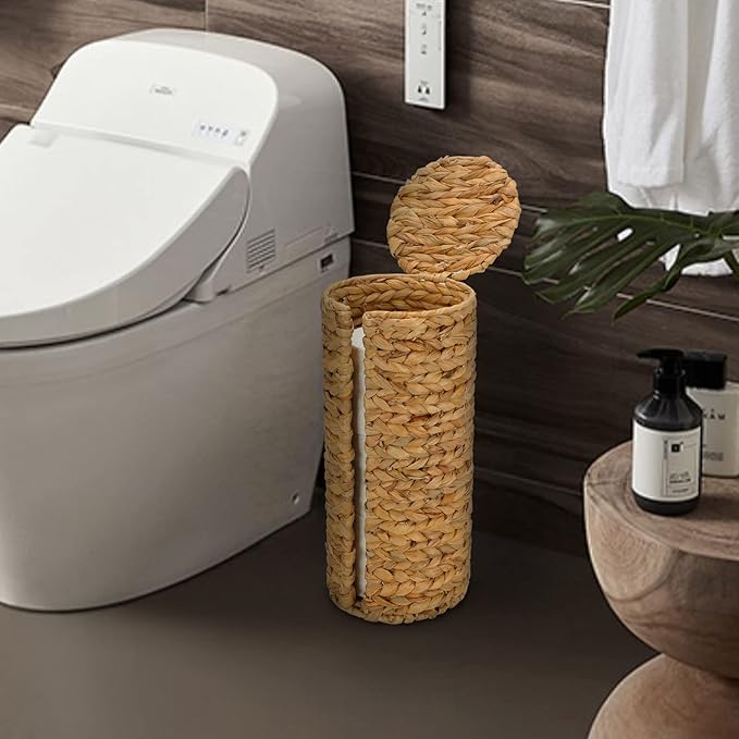 Stand Paper Storage with Lid Spare Extra 3 Rolls of Toilet Tissue Holder Free Standing Water Hyacinth Wciker Toilet Paper Organizer Basket for Bathroom