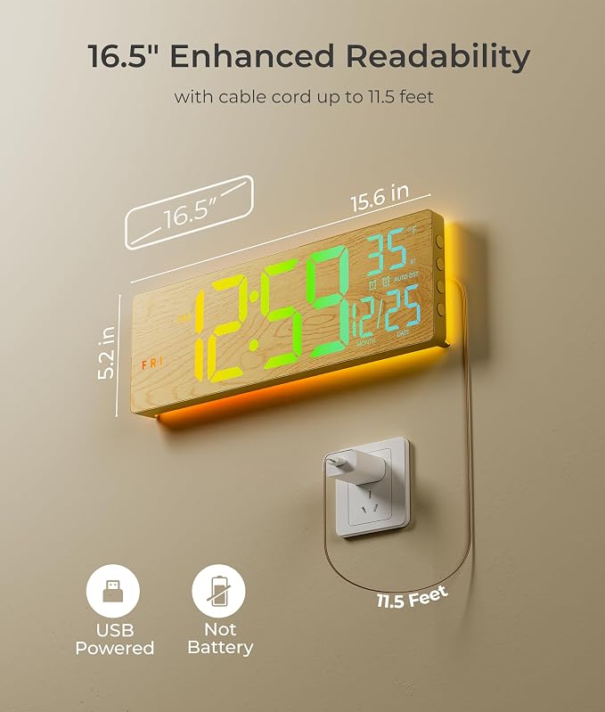 EASYERA 16.5" Large Digital Wall Clock with BT Sync, Wood Grain Clock with 11 RGB Light Scenes, Remote Control, Dual Alarms with Big LED Display, Auto DST, Temperature for Classroom Gaming